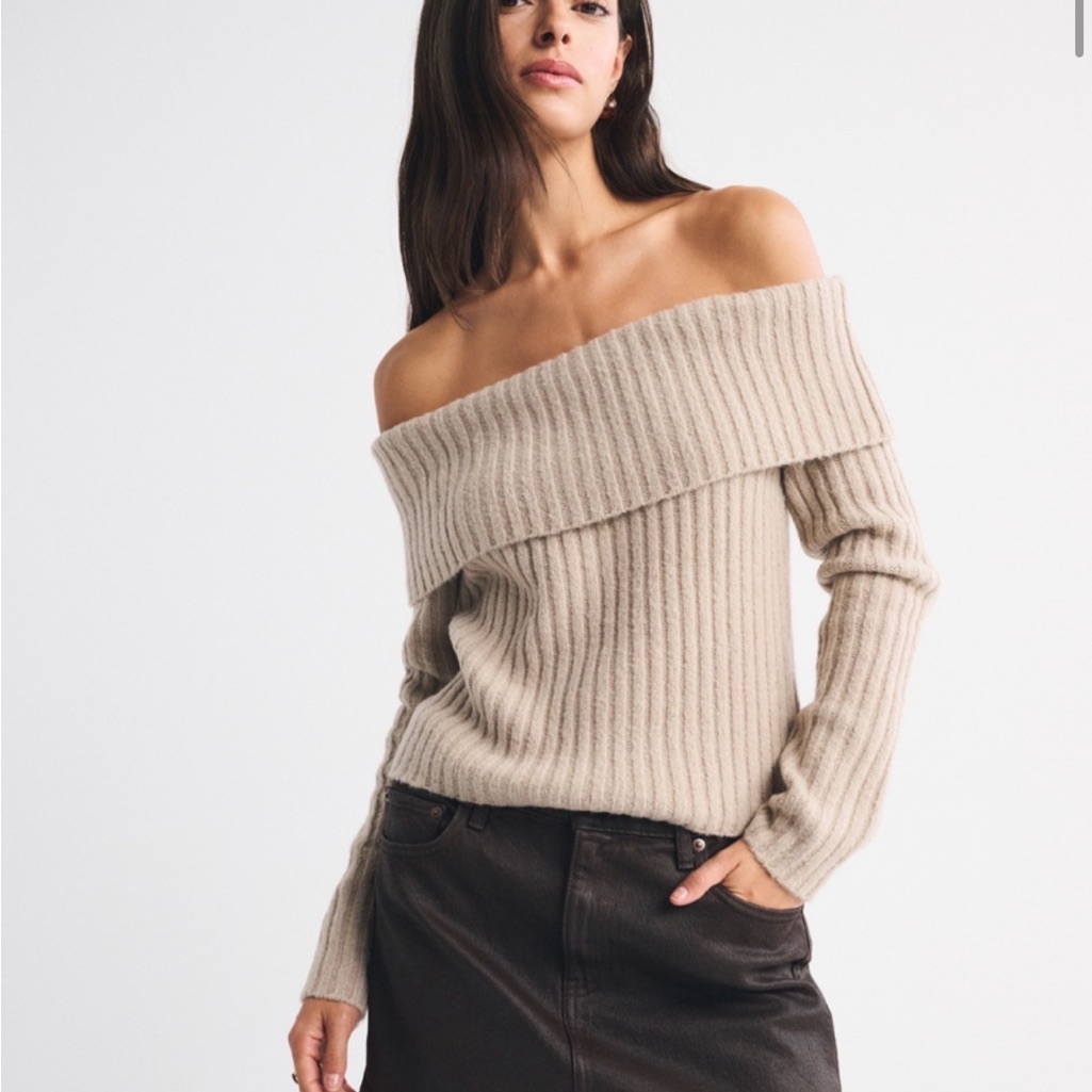 Abercrombie & Fitch Ribbed Off-The-Shoulder Sweater In Beige